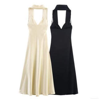 Women Elegant Satin Halter V-Neck Midi Dress Sexy Backless Tie Scarf Detail Evening Party Club Wear Solid Color Sleeveless Long Dress