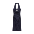 Women's Halter Neck Midi Dress Dark Blue Polyester Ruched Waist Cutout Dress With Metal Ring Elegant Sexy Backless Slit Hem Party Dress For Women
