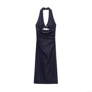 Women's Halter Neck Midi Dress Dark Blue Polyester Ruched Waist Cutout Dress With Metal Ring Elegant Sexy Backless Slit Hem Party Dress For Women