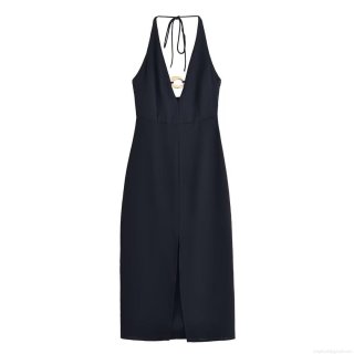 Women's Elegant Black Halter Neck Midi Dress With Gold Metal Ring Detail Deep V Neck High Slit Sleeveless Backless Bodycon Evening Party Cocktail Dress