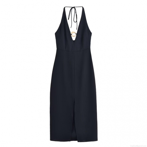 Women's Elegant Black Halter Neck Midi Dress With Gold Metal Ring Detail Deep V Neck High Slit Sleeveless Backless Bodycon Evening Party Cocktail Dress