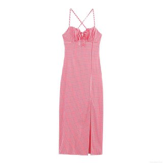 Women Sexy V-Neck Gingham Sling Midi Dress Polyester Bow Decor Cross Back High Slit French Retro Summer Beach Vacation Camisole Long Dress