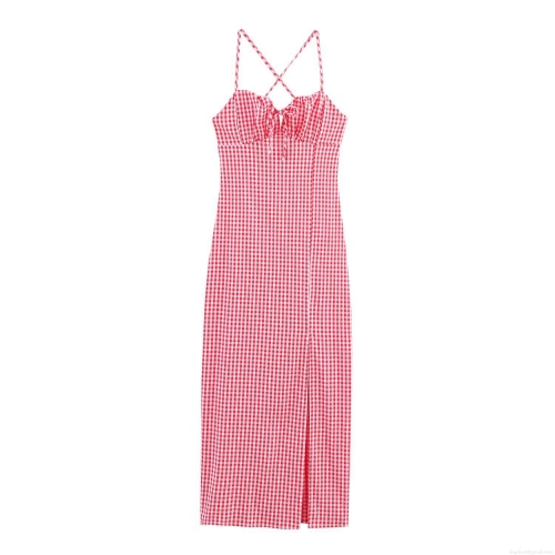 Women Sexy V-Neck Gingham Sling Midi Dress Polyester Bow Decor Cross Back High Slit French Retro Summer Beach Vacation Camisole Long Dress