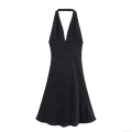 Women Sexy Polka Dot Halter Neck Deep V Neck Backless Midi Dress Retro Elegant A-Line Summer Party Sleeveless Vestidos