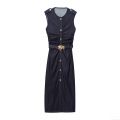 Women's Dark Blue Sleeveless Denim Cotton Polyester Dress Elegant Pleated Midi Dress With Gold Flower Buckle Belt And Buttons Slim Fit Evening Party Outfit