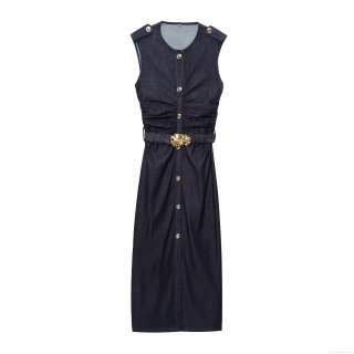 Women's Dark Blue Sleeveless Denim Cotton Polyester Dress Elegant Pleated Midi Dress With Gold Flower Buckle Belt And Buttons Slim Fit Evening Party Outfit