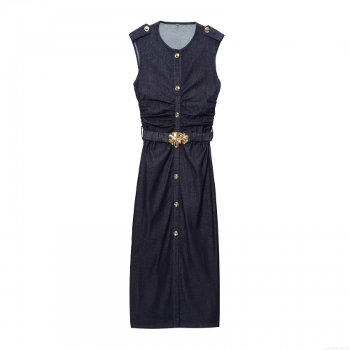 Women's Dark Blue Sleeveless Denim Cotton Polyester Dress Elegant Pleated Midi Dress With Gold Flower Buckle Belt And Buttons Slim Fit Evening Party Outfit