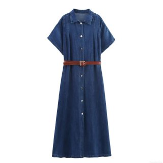 Women's Fashion Belted Denim Midi Dress Elegant Short Sleeve Button Down Denim Dress With Brown Belt For Women Daily Casual Wear
