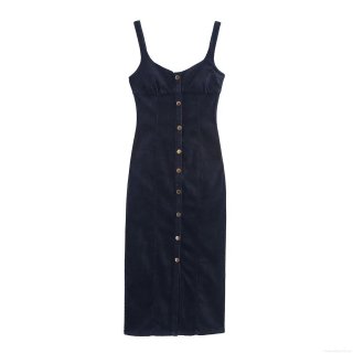 Women Sexy V Neck Denim Midi Dress With Adjustable Straps Elegant Slim Fit Polyester Denim Blend Long Dress For Party Clubwear Solid Color Dark Blue