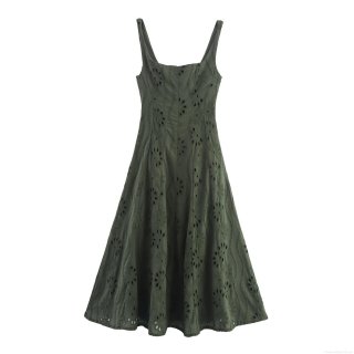 Women Elegant Olive Green Eyelet Embroidery Midi Dress Sexy Square Neck Sleeveless A-Line Cotton Blend Party Vacation Dress For Women