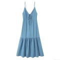 Women's V-Neck Cami Midi Dress Polyester Faux Denim Bow-Tie Tiered Ruffle Open Back Elegant Party Dress For Vacation Women Summer Chic Clothing