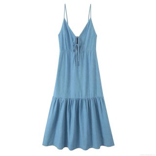 Women's V-Neck Cami Midi Dress Polyester Faux Denim Bow-Tie Tiered Ruffle Open Back Elegant Party Dress For Vacation Women Summer Chic Clothing