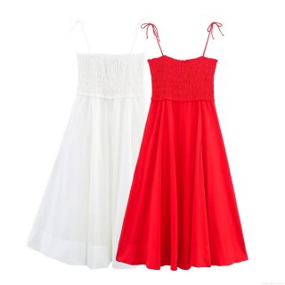 Women's Elegant Smocked Poplin Midi Dress Sexy V-Neck Bow Spaghetti Strap A-Line Sundress Solid Color Sleeveless Summer Party Dress For Women