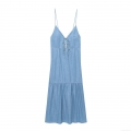 Women's Light Blue Denim V-Neck Cami Midi Dress With Bow Tie Backless Tiered Hem Vacation Style Summer Elegant Long Dress