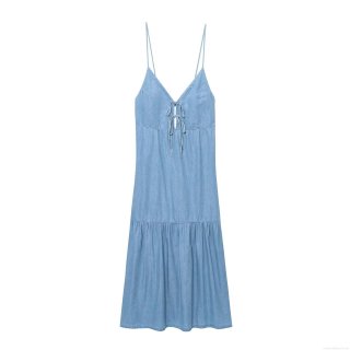 Women's Light Blue Denim V-Neck Cami Midi Dress With Bow Tie Backless Tiered Hem Vacation Style Summer Elegant Long Dress