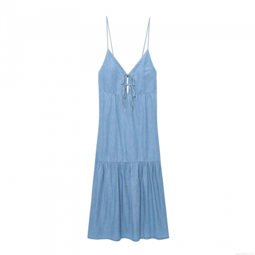 Women's Light Blue Denim V-Neck Cami Midi Dress With Bow Tie Backless Tiered Hem Vacation Style Summer Elegant Long Dress