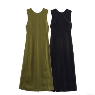 Women's Elegant Linen Blend Midi Dress Sexy V-Neck Sleeveless Backless Solid Color Summer Vacation Sundress For Women