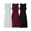 Women Elegant Sleeveless Round Neck Single Breasted Dress With Belt Solid Color Polyester Midi Dress For Office Party Commute Ladies Slim Fit Dress