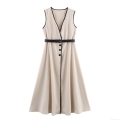 Women's Elegant V Neck Sleeveless Midi Dress Linen Blend Contrast Trim Belted A-Line Summer Party Dress For Ladies Fashion Streetwear