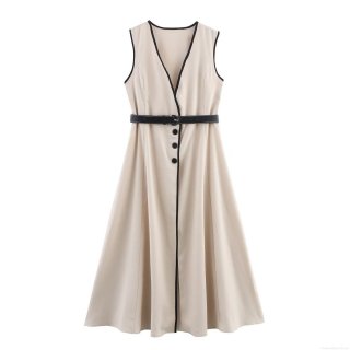 Women's Elegant V Neck Sleeveless Midi Dress Linen Blend Contrast Trim Belted A-Line Summer Party Dress For Ladies Fashion Streetwear