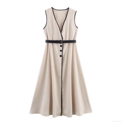 Women's Elegant V Neck Sleeveless Midi Dress Linen Blend Contrast Trim Belted A-Line Summer Party Dress For Ladies Fashion Streetwear