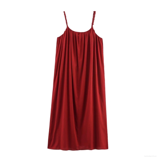 Women's Elegant Red Beaded Strap Dress Pleated Neckline Loose Midi Dress For Party Socialite Banquet Evening Dress High Quality Polyester Fabric Summer Vacation Outfit