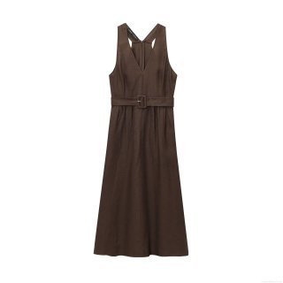 Women's Elegant V-Neck Sleeveless A-Line Midi Dress With Belt Linen Cotton Blend Solid Color Coffee Brown Party Sundress For Women