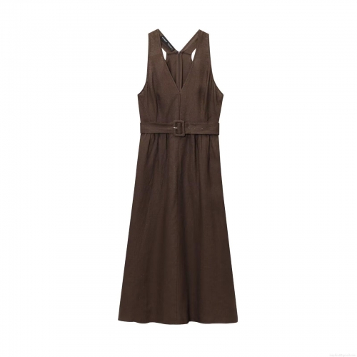 Women's Elegant V-Neck Sleeveless A-Line Midi Dress With Belt Linen Cotton Blend Solid Color Coffee Brown Party Sundress For Women