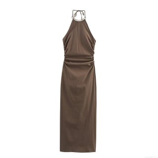 Women's Elegant Halter Neck Midi Dress Solid Color Sleeveless Backless Bodycon Dress with Metal Ring Decoration Ruched High Waist Summer Party Dress