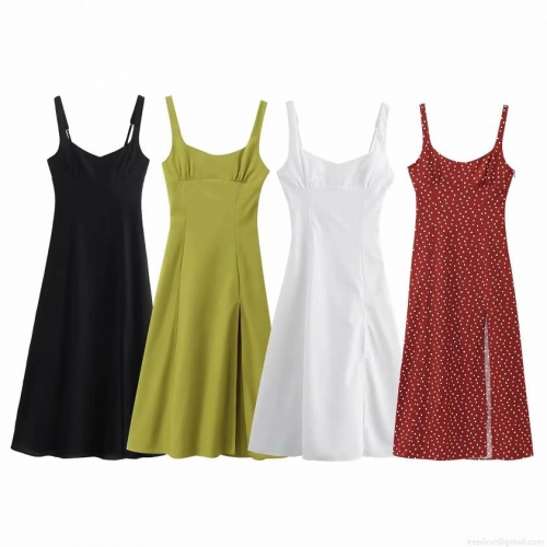 Women's Linen Blend Polka Dot Midi Dress Spaghetti Strap V-Neck Side Slit Sexy Cami Dress Summer Vacation Party Elegant Sun Dress