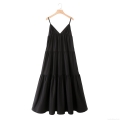 Women's Elegant 100% Cotton V Neck Spaghetti Strap Tiered Midi Dress Solid Black Sleeveless Multi Layer Cake Skirt Sun Dress for Vacation Party Summer