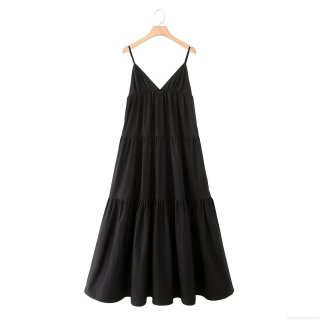 Women's Elegant 100% Cotton V Neck Spaghetti Strap Tiered Midi Dress Solid Black Sleeveless Multi Layer Cake Skirt Sun Dress for Vacation Party Summer