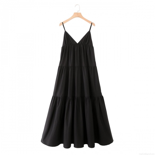 Women's Elegant 100% Cotton V Neck Spaghetti Strap Tiered Midi Dress Solid Black Sleeveless Multi Layer Cake Skirt Sun Dress for Vacation Party Summer