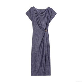 Women's Elegant Cowl Neck Midi Dress Sleeveless Textured Polyester Slit Hem Party Dress With Gold Triangle Buckle Decor Bodycon Evening Dress For Ladies