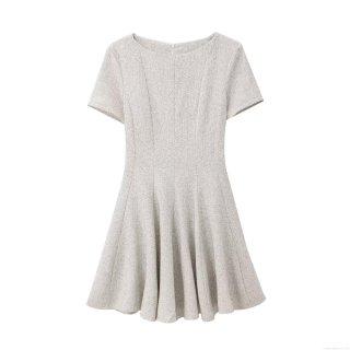 Women's Short Sleeve Tweed Textured Dress Elegant Round Neck Slim Fit A-Line Wide Hem Midi Dress Beige Socialite Style Summer Spring Outfit