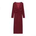 Women's Elegant Burgundy V-Neck Ruched Long Sleeve Midi Dress Slim Fit Back Slit Polyester Party Evening Bodycon Dress