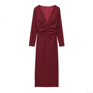 Women's Elegant Burgundy V-Neck Ruched Long Sleeve Midi Dress Slim Fit Back Slit Polyester Party Evening Bodycon Dress