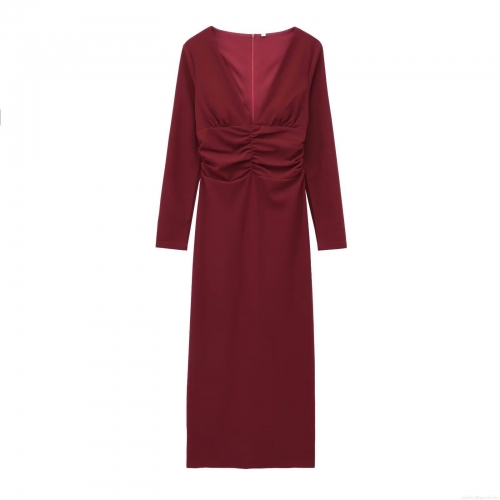 Women's Elegant Burgundy V-Neck Ruched Long Sleeve Midi Dress Slim Fit Back Slit Polyester Party Evening Bodycon Dress