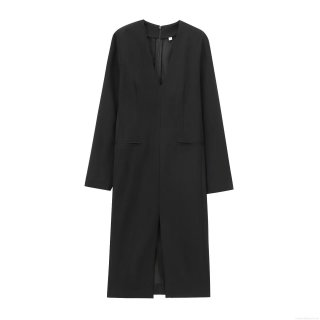 Elegant Women Black V-Neck Long Sleeve Split Hem Maxi Dress Solid Color Polyester Starlight Hemp Bodycon Long Dress For Party Clubwear Evening Office Wear