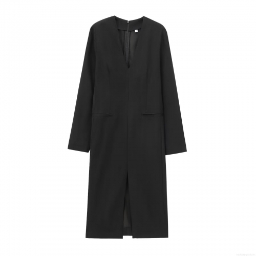 Elegant Women Black V-Neck Long Sleeve Split Hem Maxi Dress Solid Color Polyester Starlight Hemp Bodycon Long Dress For Party Clubwear Evening Office Wear