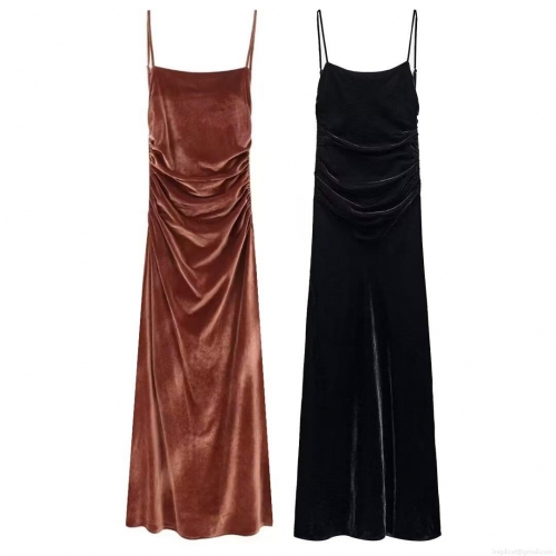 Women's Elegant Velvet Ruched Camisole Midi Dress Sexy Spaghetti Strap Backless Slim Fit Party Evening Long Dresses