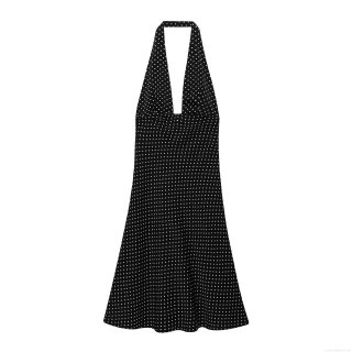 Elegant Halter Neck Polka Dot Maxi Dress For Women Vintage Backless A-Line Plain Satin Dress For Party Vacation Evening Summer