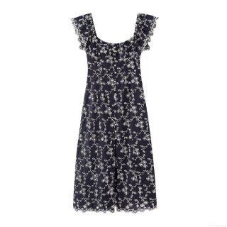 Women's French Vintage Navy Blue Floral Embroidery Maxi Dress Square Neck Sleeveless Ruffle Button Down Scalloped Hem Elegant Summer Vacation Party Dress