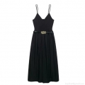 Elegant V Neck Camisole Midi Dress With Decorative Metal Buckle Belt Women Sexy Solid Color Sleeveless Polyester Party Evening Dress For Wedding Dating