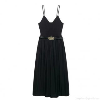 Elegant V Neck Camisole Midi Dress With Decorative Metal Buckle Belt Women Sexy Solid Color Sleeveless Polyester Party Evening Dress For Wedding Dating