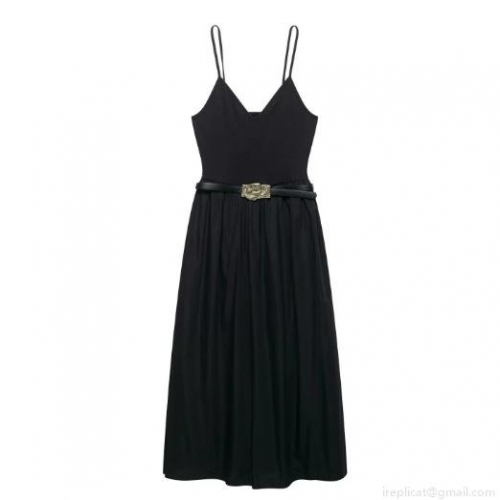 Elegant V Neck Camisole Midi Dress With Decorative Metal Buckle Belt Women Sexy Solid Color Sleeveless Polyester Party Evening Dress For Wedding Dating