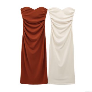 Elegant Strapless Sweetheart Neckline Ruched Bodycon Midi Dress Sexy Split Hem Knitted Polyester Evening Party Socialite Style Dress for Women