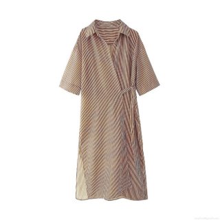 Women's Stripe Shirt Dress 100% Polyester Wrap V-Neck Short Sleeve Tie Waist Side Slit Midi Casual Elegant Dress for Women