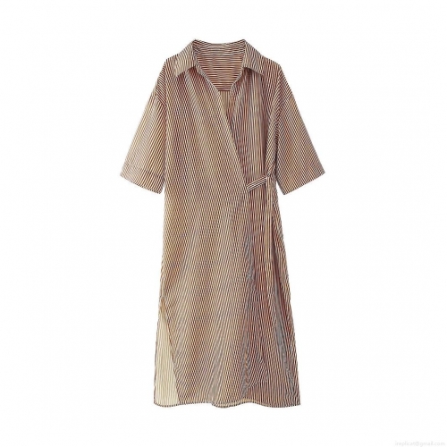 Women's Stripe Shirt Dress 100% Polyester Wrap V-Neck Short Sleeve Tie Waist Side Slit Midi Casual Elegant Dress for Women