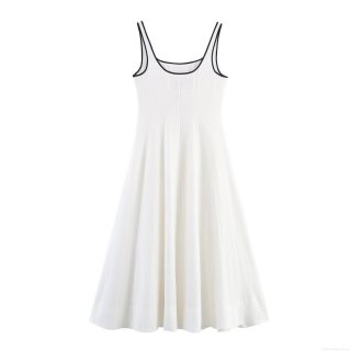 Women's Elegant Contrast Trim Midi Dress Linen Blend Sleeveless Cami A-Line Socialite Style Summer Party Dress For Women White Black